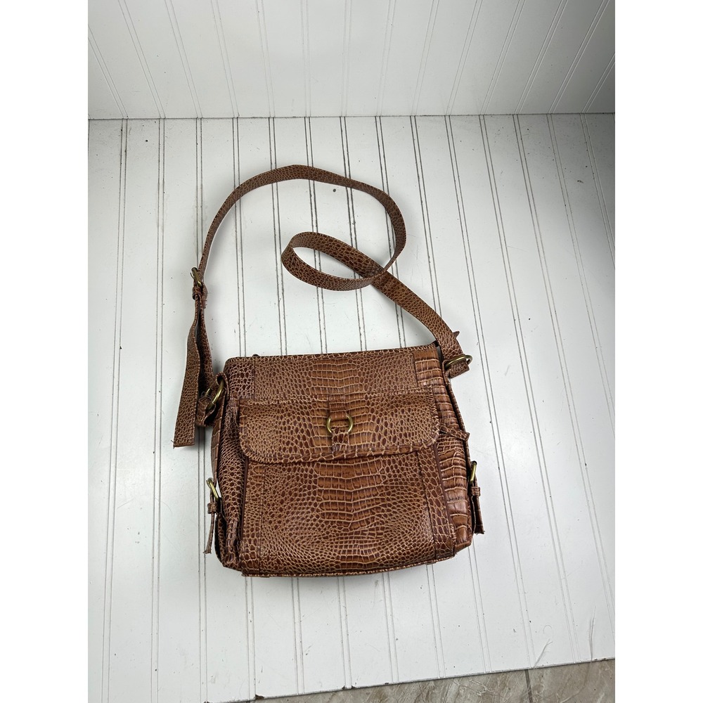 Coldwater Creek Vintage Sophie Brown Croc Embossed Leather Boho Crossbody Bag - Picture 11 of 14